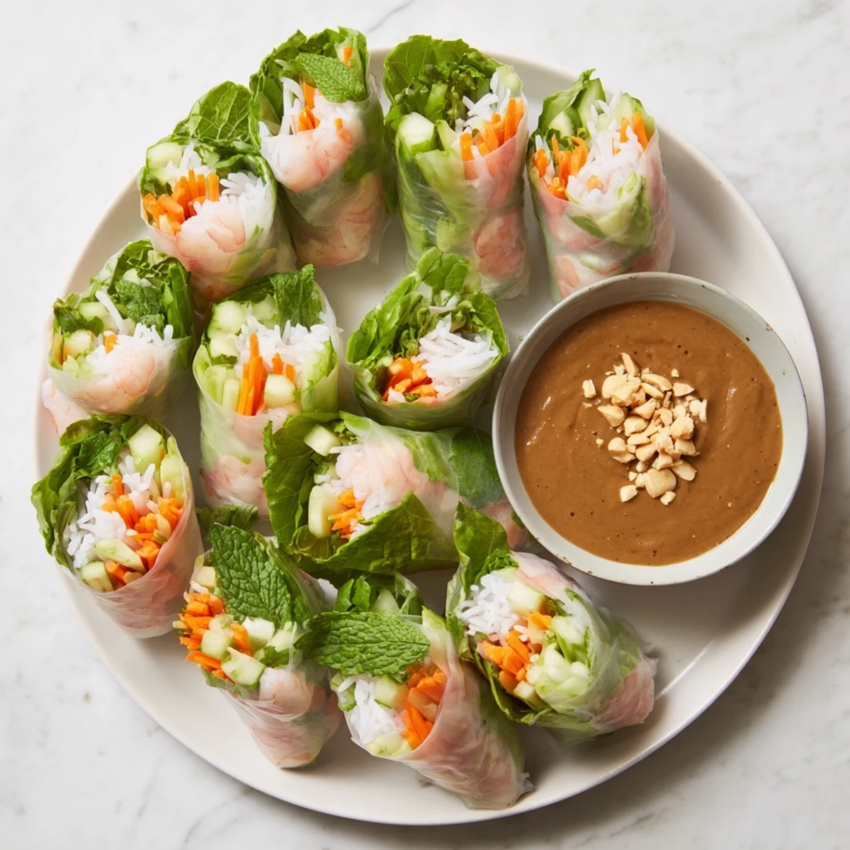 Fresh Vietnamese spring rolls with transparent rice paper revealing colorful vegetables, pink shrimp, and green herbs