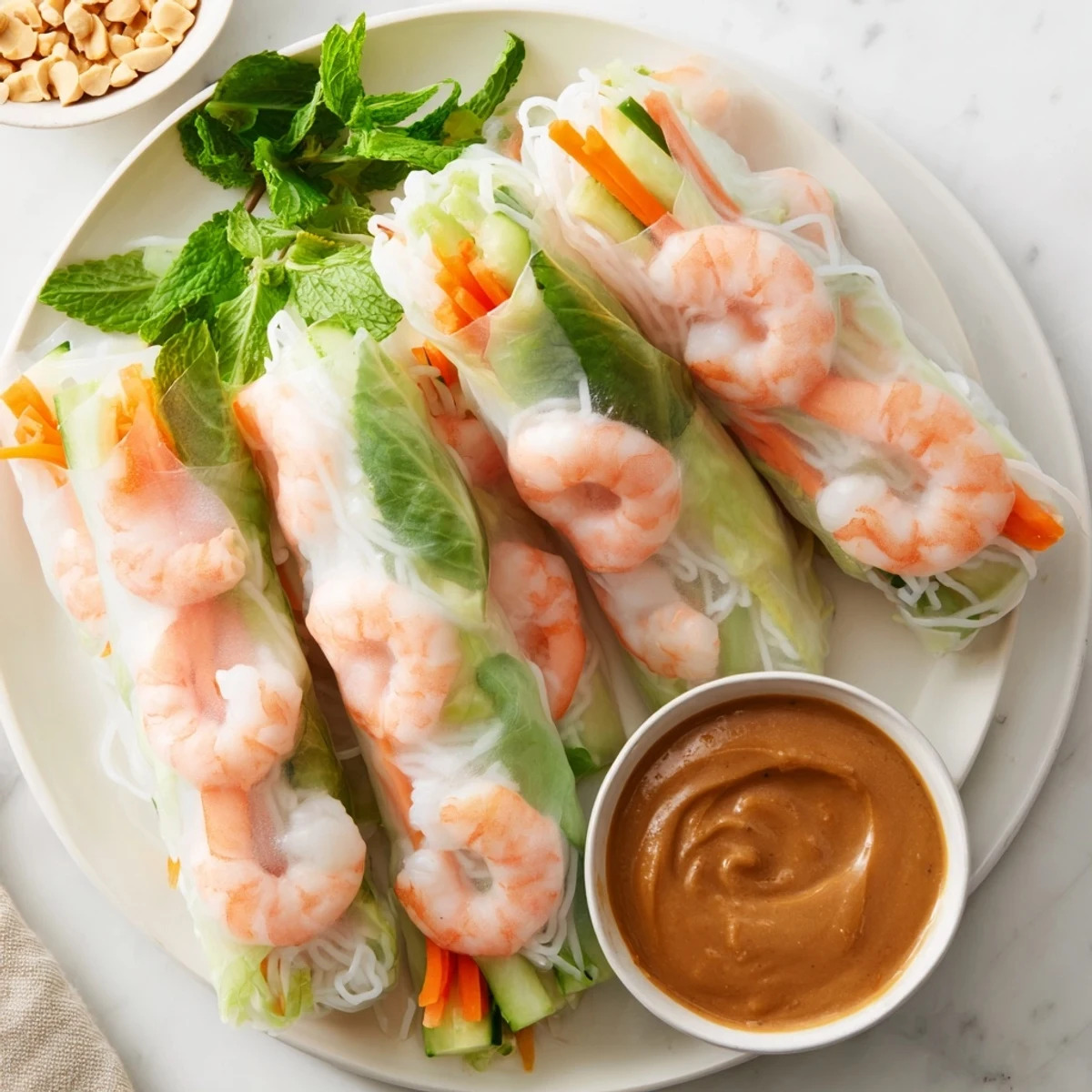Light and refreshing Vietnamese spring rolls featuring julienned vegetables, vermicelli noodles, shrimp, and aromatic fresh herbs