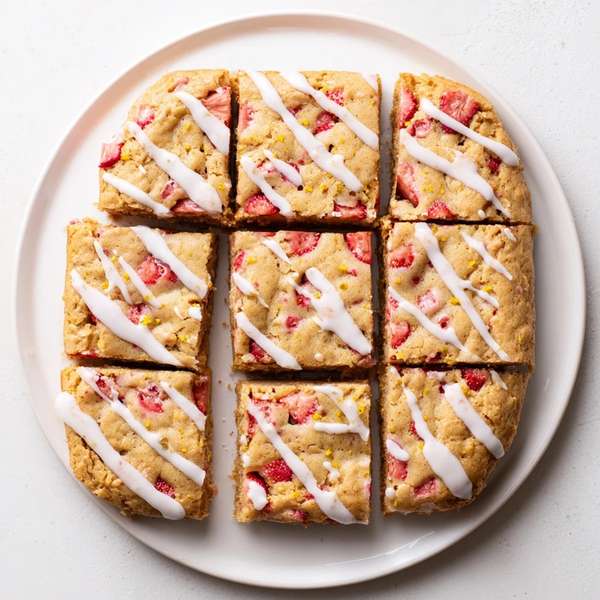 Chewy lemon glazed blondies topped with powdered sugar icing and scattered with diced strawberries