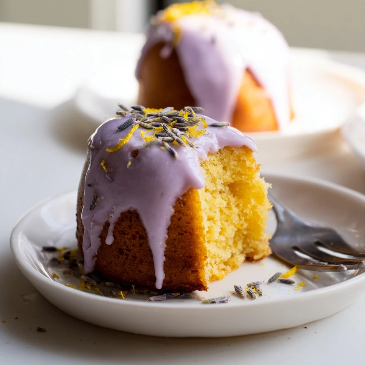 Golden mini lemon cakes drizzled with pale lavender glaze and garnished with fresh lemon zest