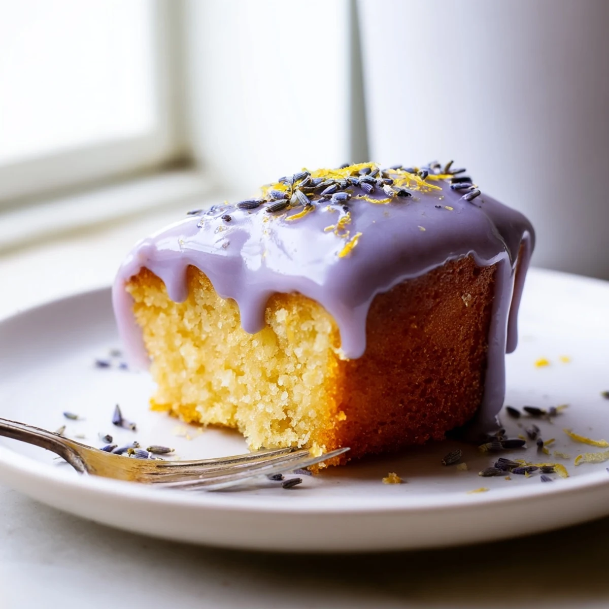 Freshly baked mini lemon cakes cooling on wire rack before receiving their floral lavender glaze topping