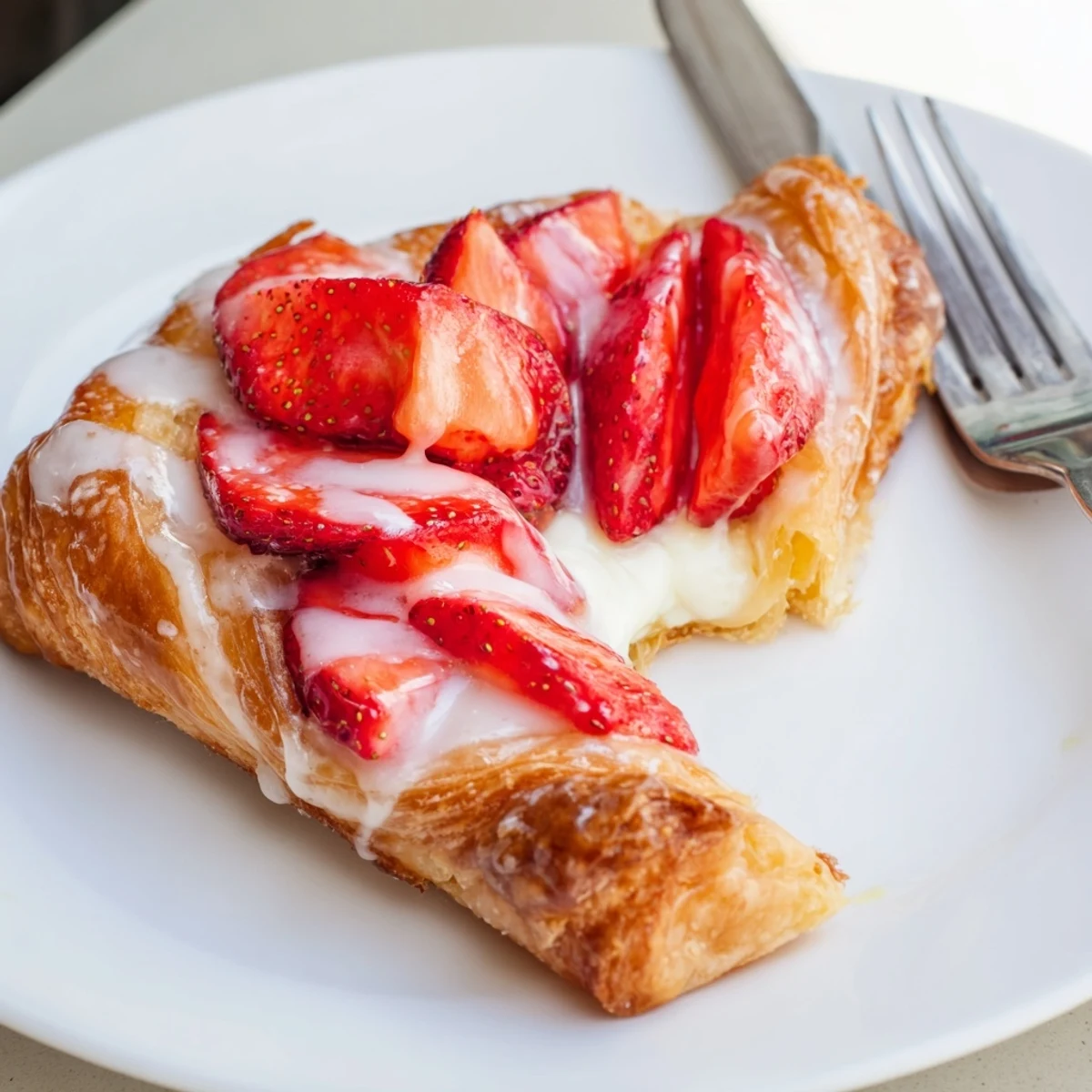 Golden baked strawberry danishes feature flaky puff pastry topped with sweet cream cheese and fresh red berries