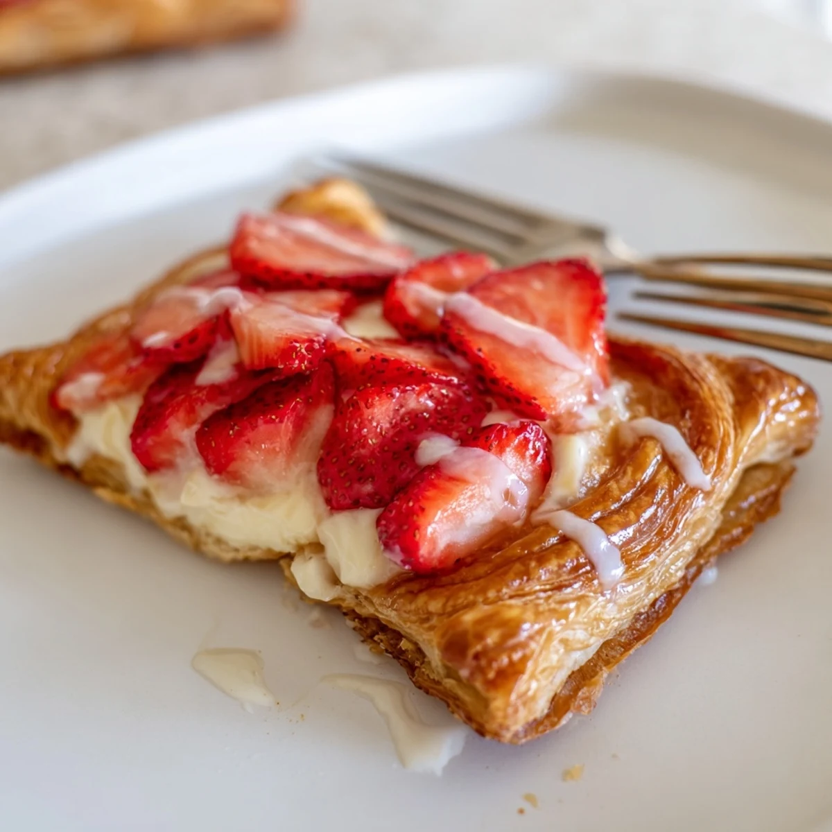 Homemade strawberry danishes arranged on a white baking sheet with glossy strawberry slices and vanilla glaze drizzle