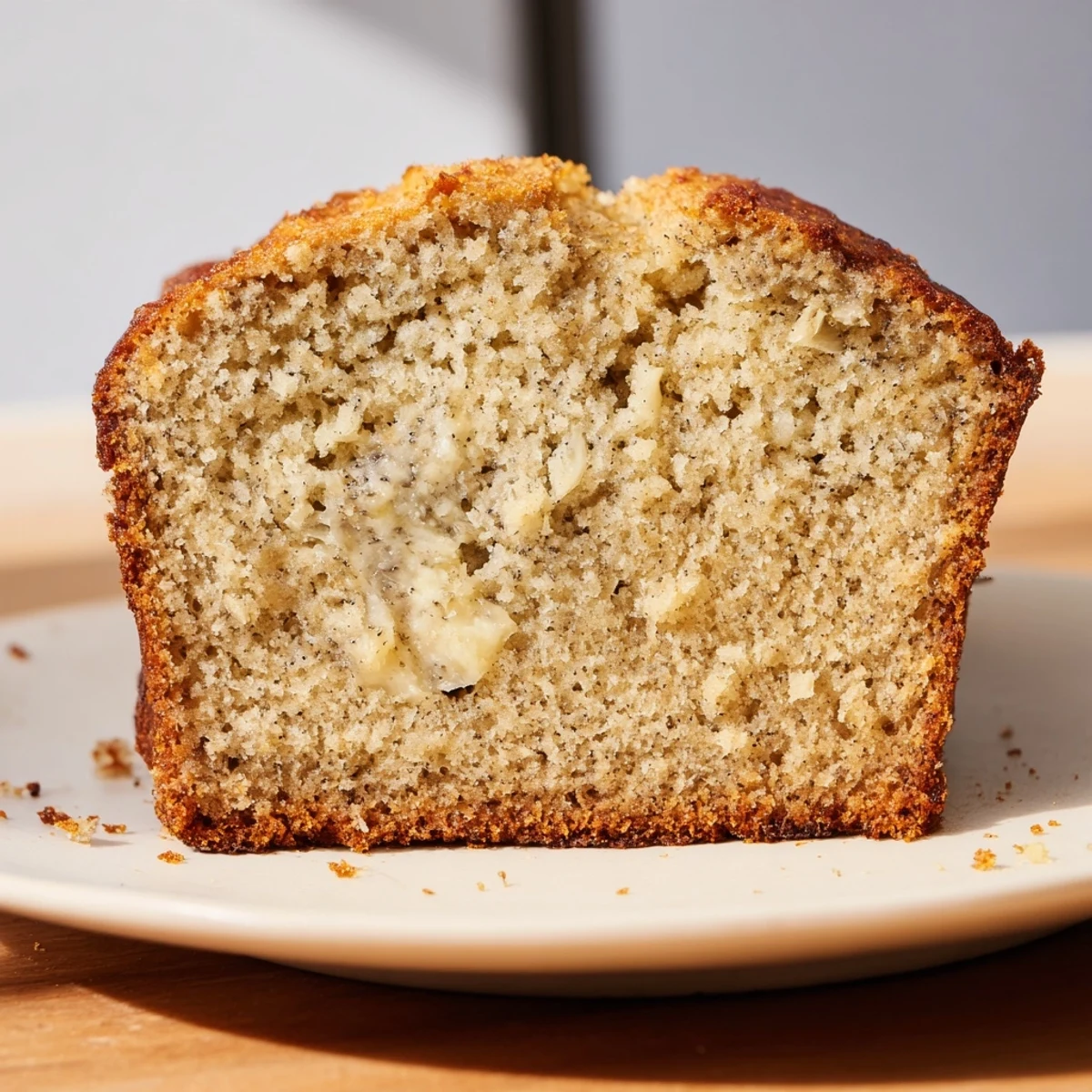 Golden brown moist banana bread loaf with a perfectly textured crumb, freshly baked and ready for slicing