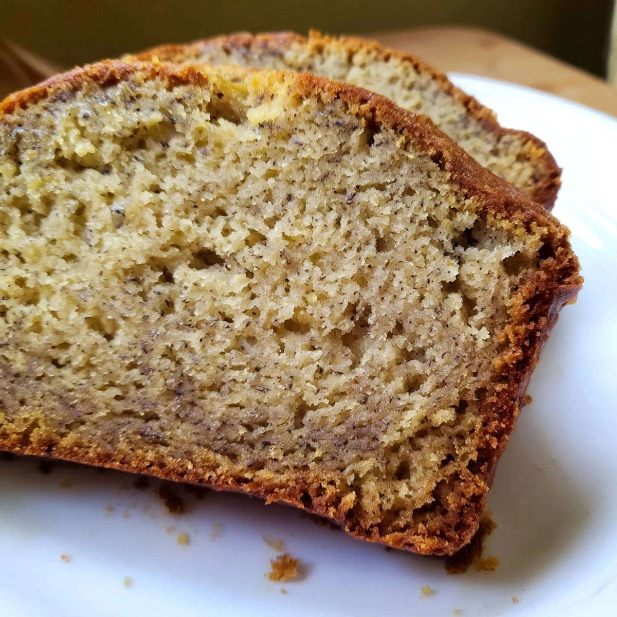 Warm slice of moist banana bread on a white plate, ideal for breakfast or afternoon snack with a pat of butter