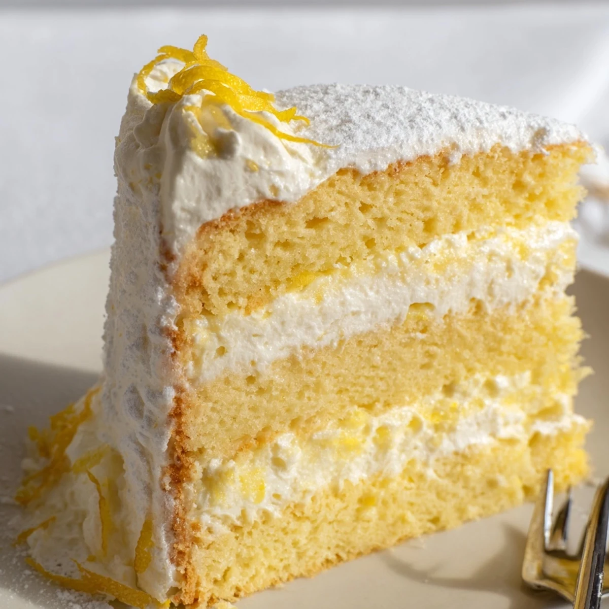 Sliced Italian lemon cream cake showing tangy mascarpone cream between bright yellow sponge cake layers