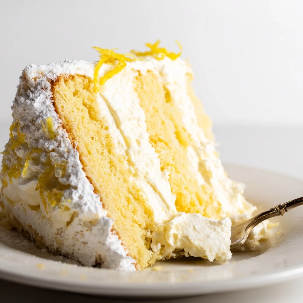 Elegant Italian lemon cream cake dessert plated with white cream filling and fresh lemon zest garnish