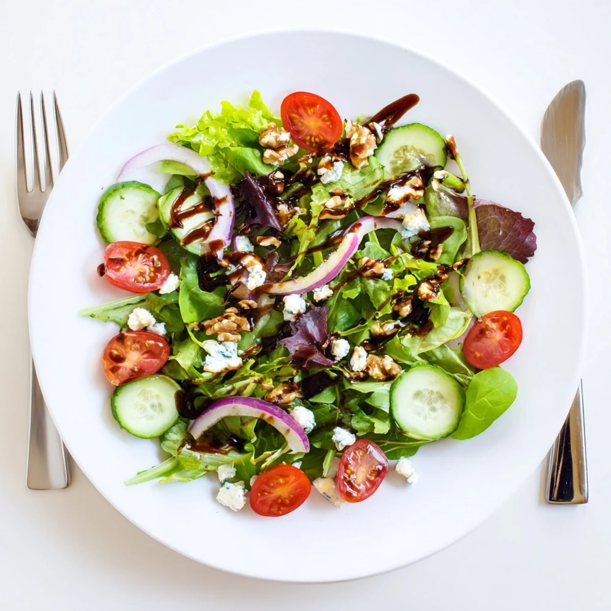 Vibrant bowl of spring mix greens tossed in sweet tangy balsamic honey dressing with crisp vegetables