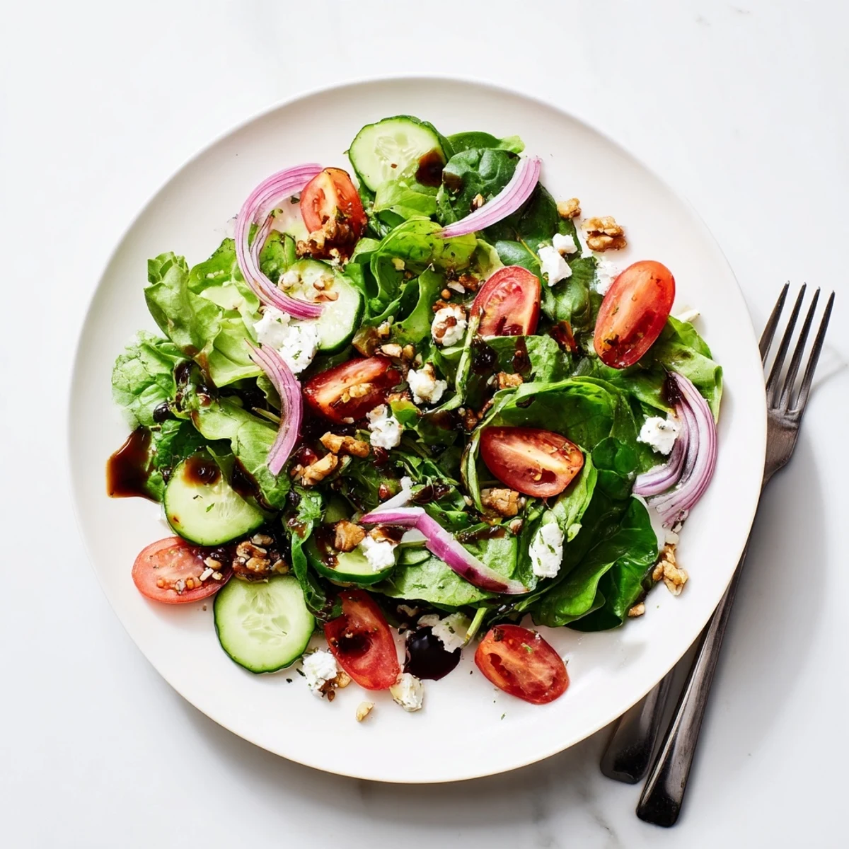 Fresh spring mix salad with balsamic honey dressing featuring cherry tomatoes cucumber and red onion
