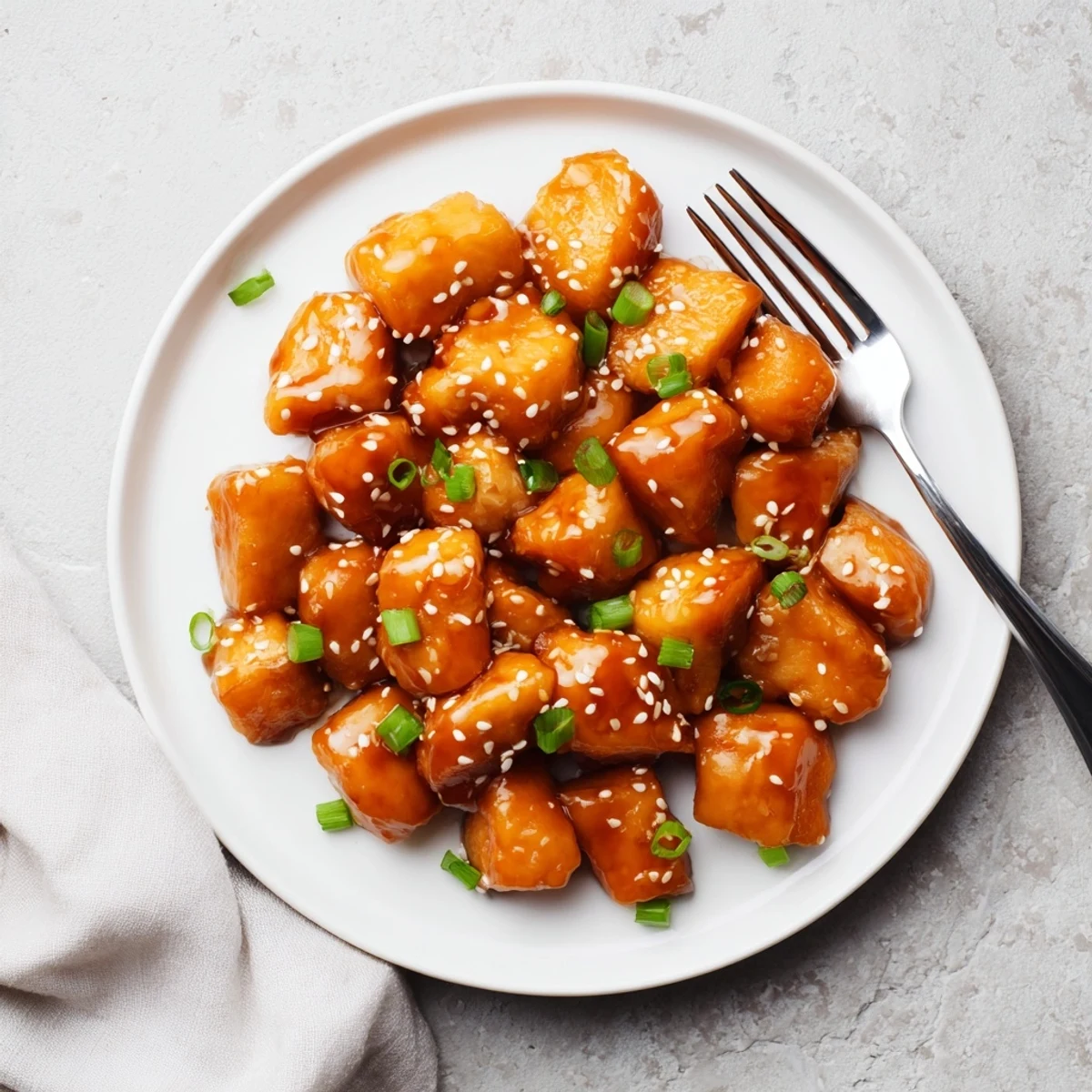 Tender chicken breasts stir-fried and glazed with savory honey garlic sauce topped with sesame seeds