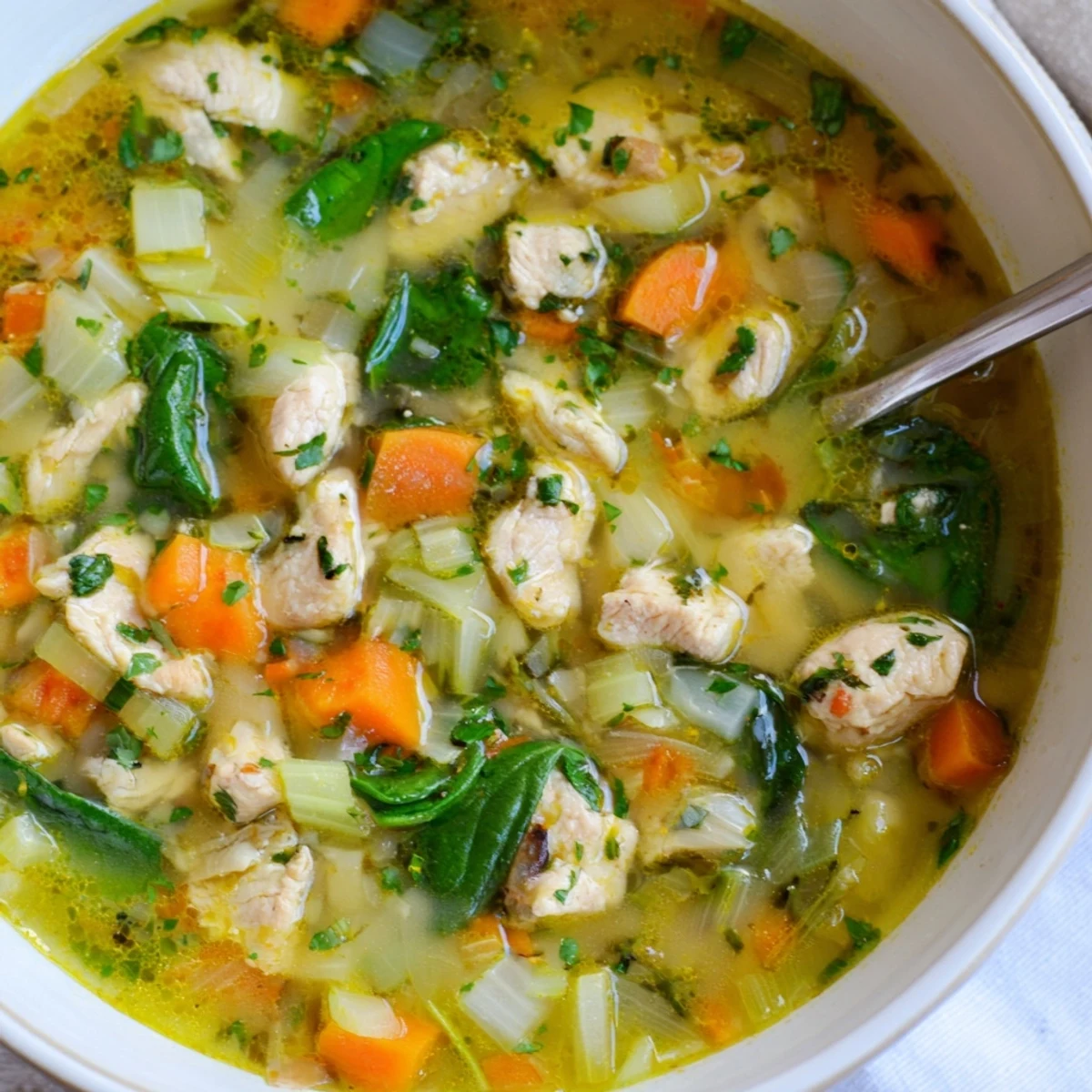 Golden Mediterranean lemon herb chicken soup with tender vegetables in a rustic bowl