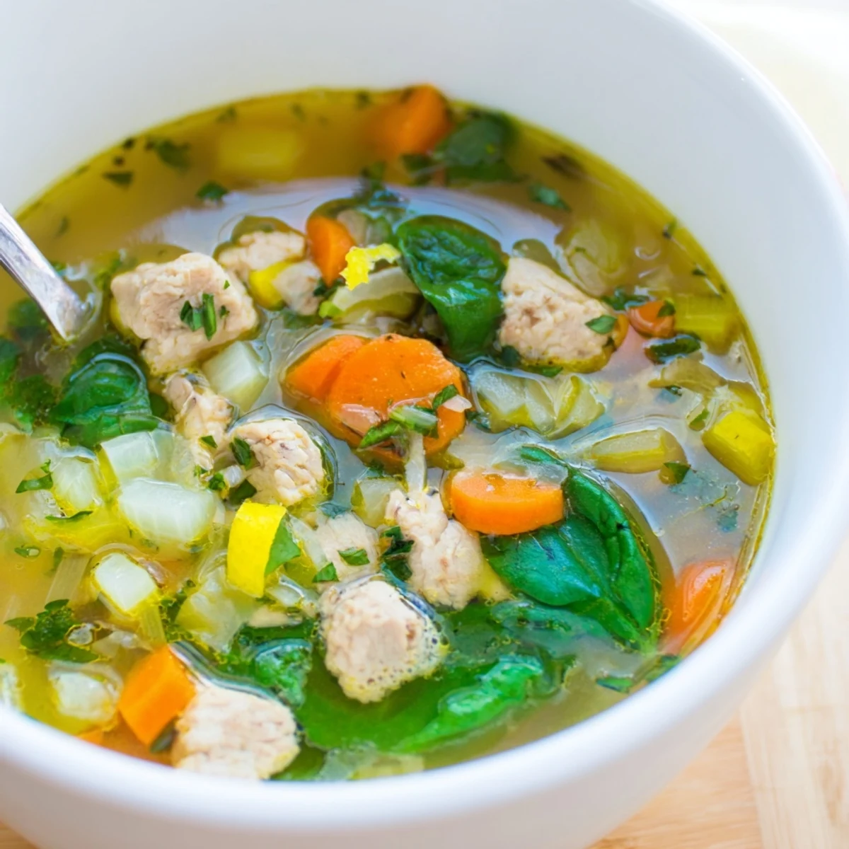 Steaming bowl of Mediterranean lemon herb chicken soup garnished with fresh parsley and spinach