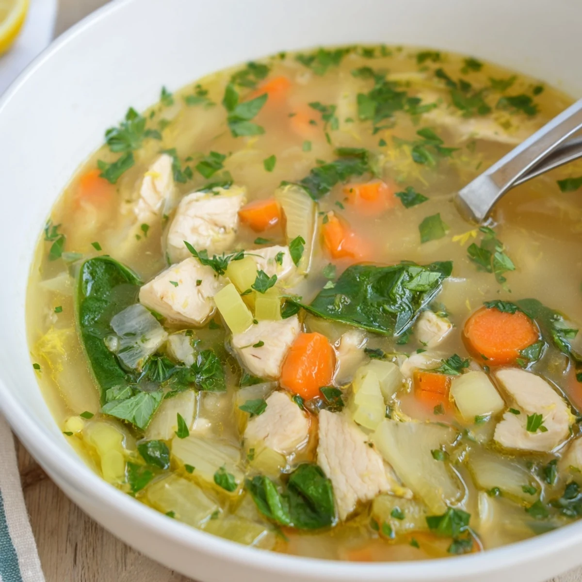 Hearty chicken soup infused with zesty lemon and Mediterranean herbs served in white bowl