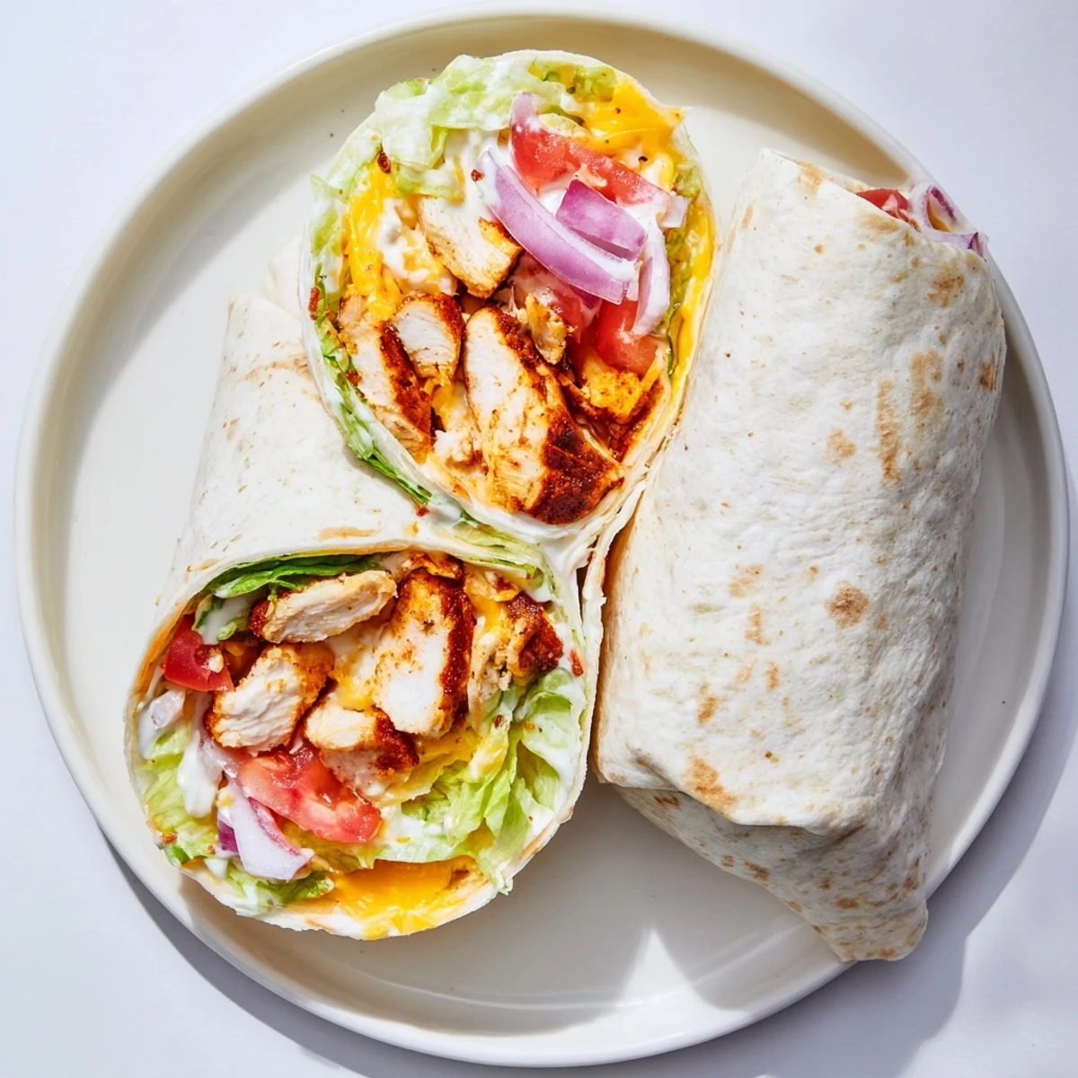 Golden Cheesy Garlic Chicken Wrap sliced in half revealing melted mozzarella and cheddar with crisp lettuce and tomato