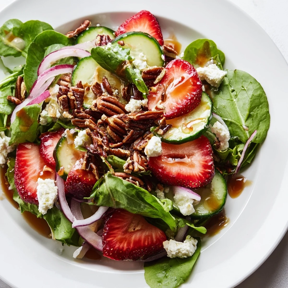 Fresh strawberry crunch salad with sliced berries, cucumber, toasted pecans, and crispy fried onion topping in a white bowl