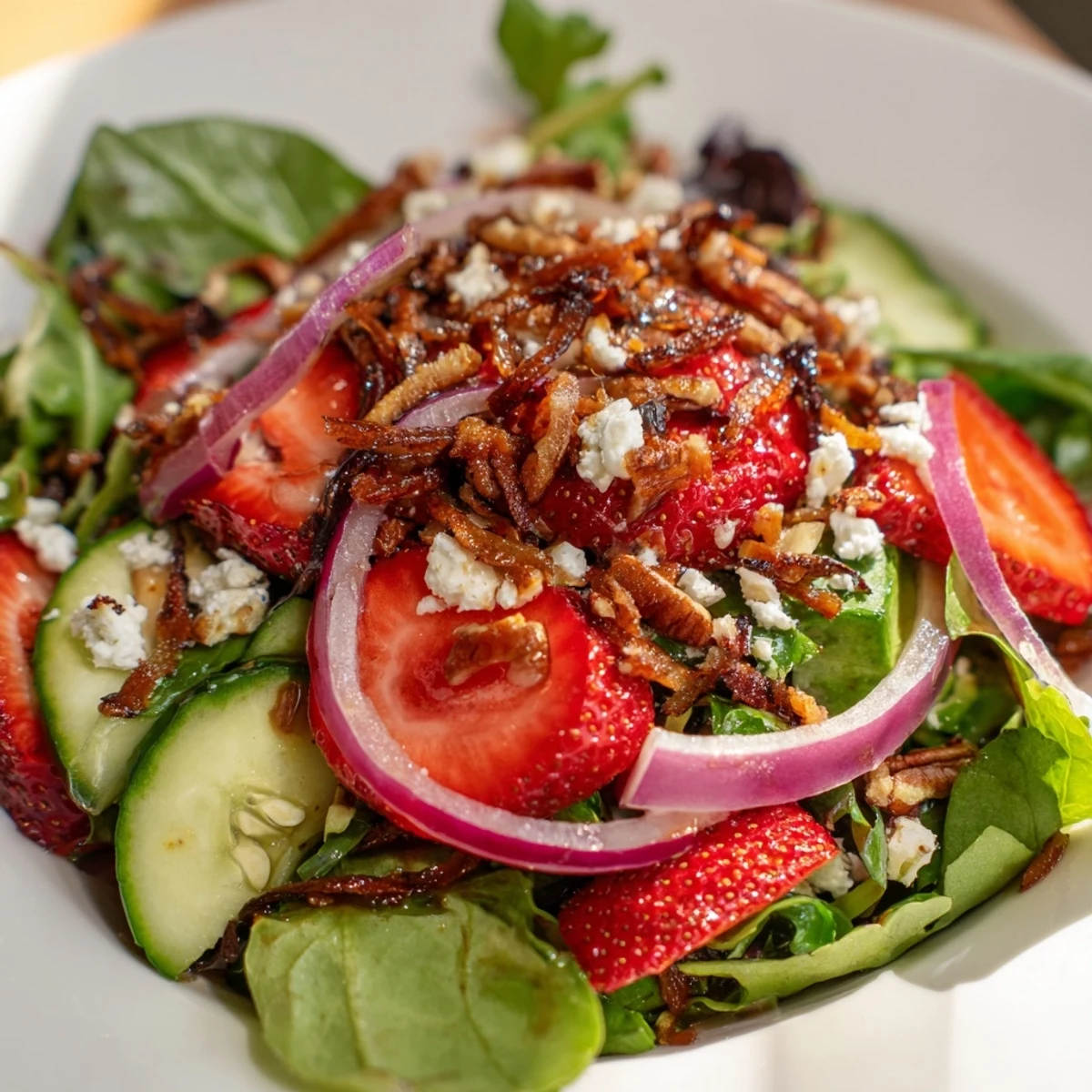 Vibrant strawberry crunch salad with red onion, cucumber slices, and pretzel crunch served on a rustic wooden table