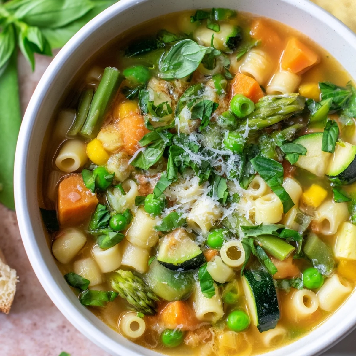 Bowl of spring minestrone soup featuring green vegetables, small pasta shells and fresh basil garnish