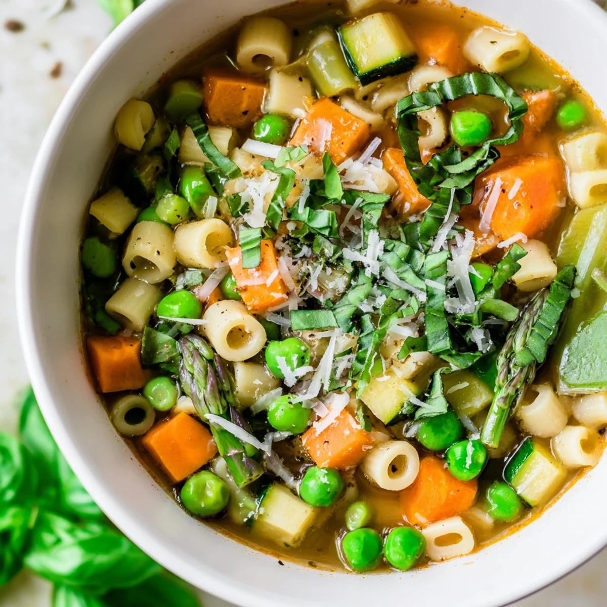 Colorful spring minestrone soup brimming with fresh asparagus, peas, zucchini and tender pasta in a light broth