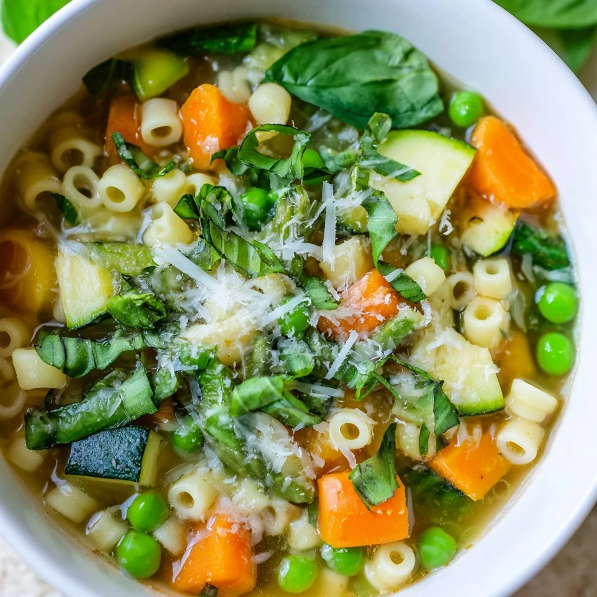 Hearty spring minestrone soup with diced carrots, asparagus pieces and baby spinach in vegetable broth