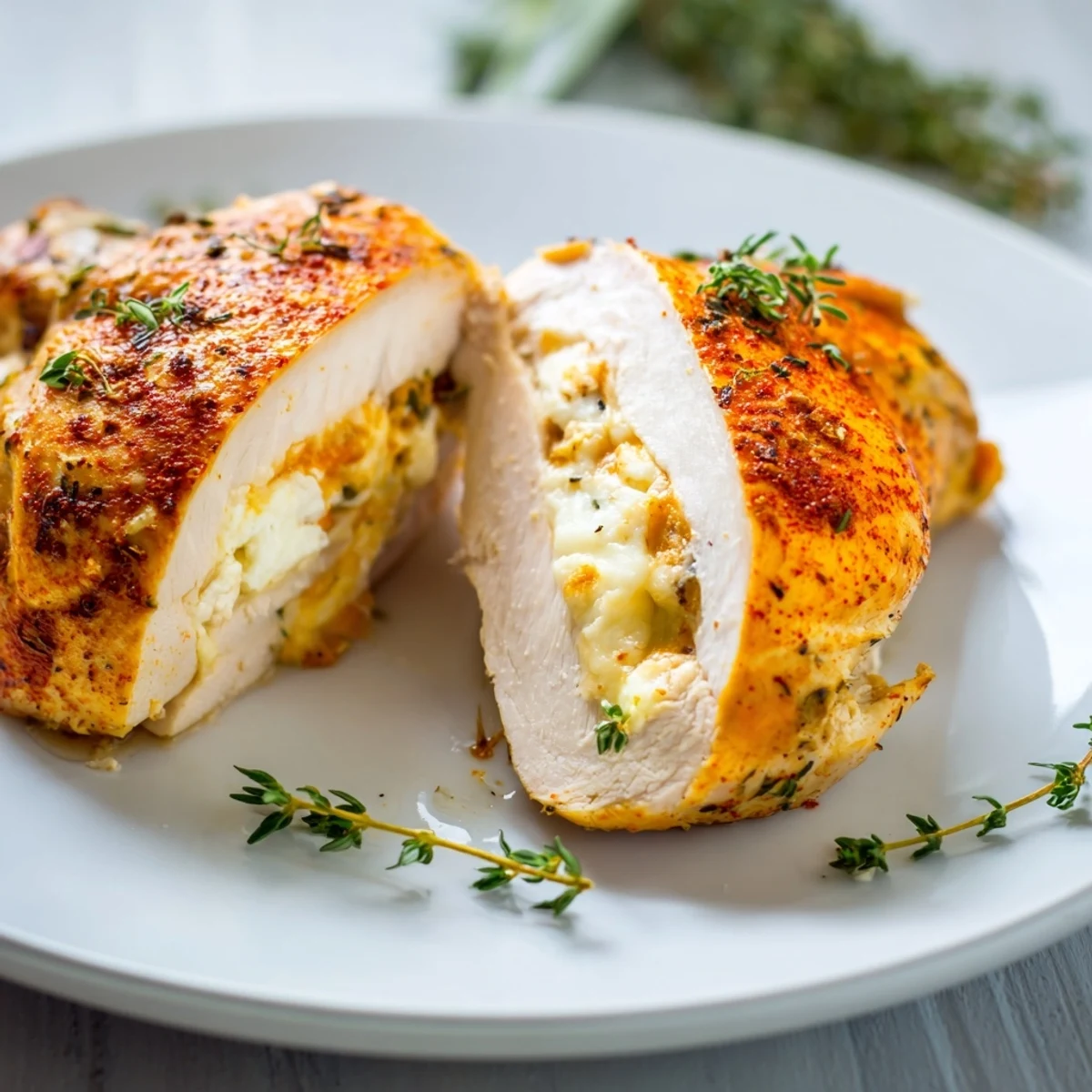 Golden brown Ruths Chris stuffed chicken breast oozing with melted three-cheese filling and fresh herbs