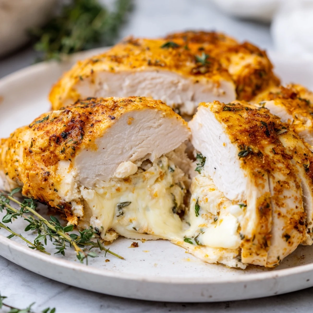 Savory Ruths Chris stuffed chicken breast plated hot with chopped parsley garnish on white dish