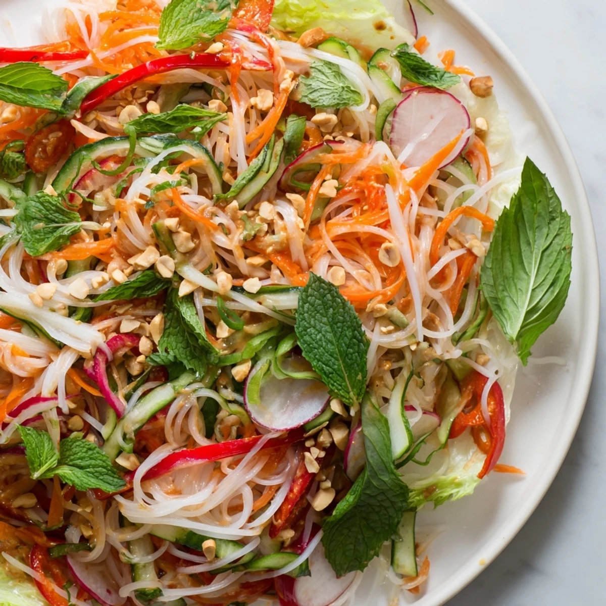 Colorful spring roll salad with peanut dressing featuring crisp julienne vegetables and fluffy rice vermicelli noodles