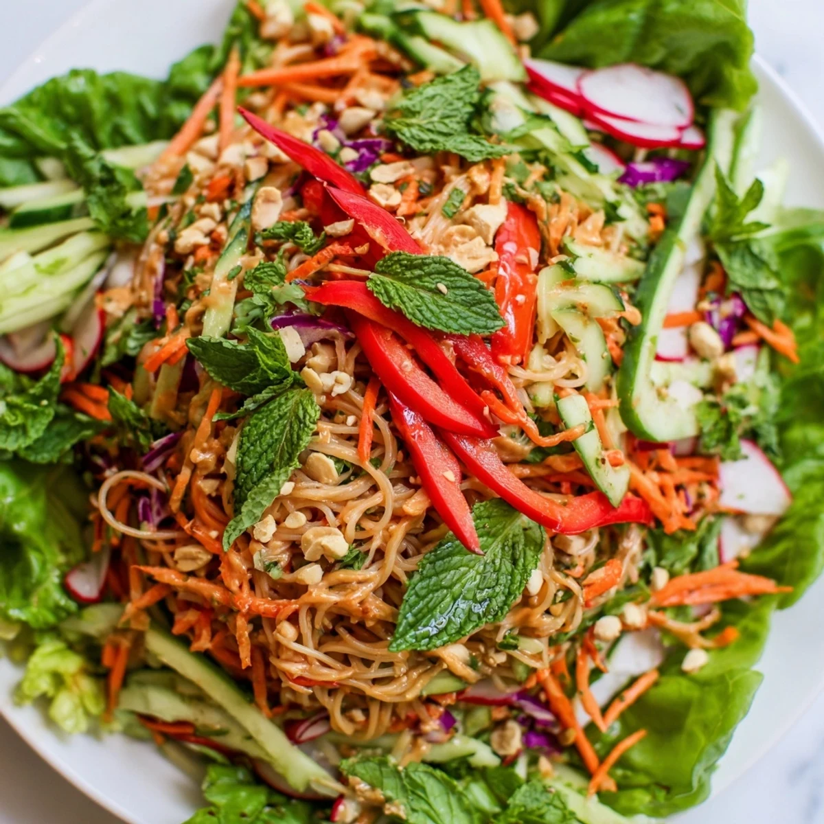 Vibrant Vietnamese-inspired spring roll salad tossed in creamy peanut dressing and topped with fresh herbs and crushed peanuts