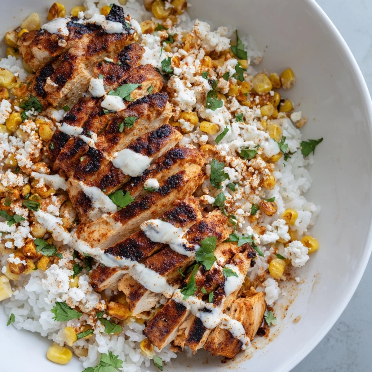 Vibrant street corn chicken rice bowl featuring grilled sliced chicken, charred corn kernels, fluffy white rice, drizzled crema, cotija cheese and fresh cilantro toppings
