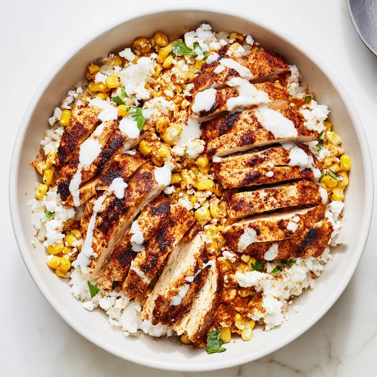 Mexican-inspired street corn chicken rice bowl arranged in layers with seasoned chicken breast, spicy street corn, creamy lime crema and crumbled cheese garnish