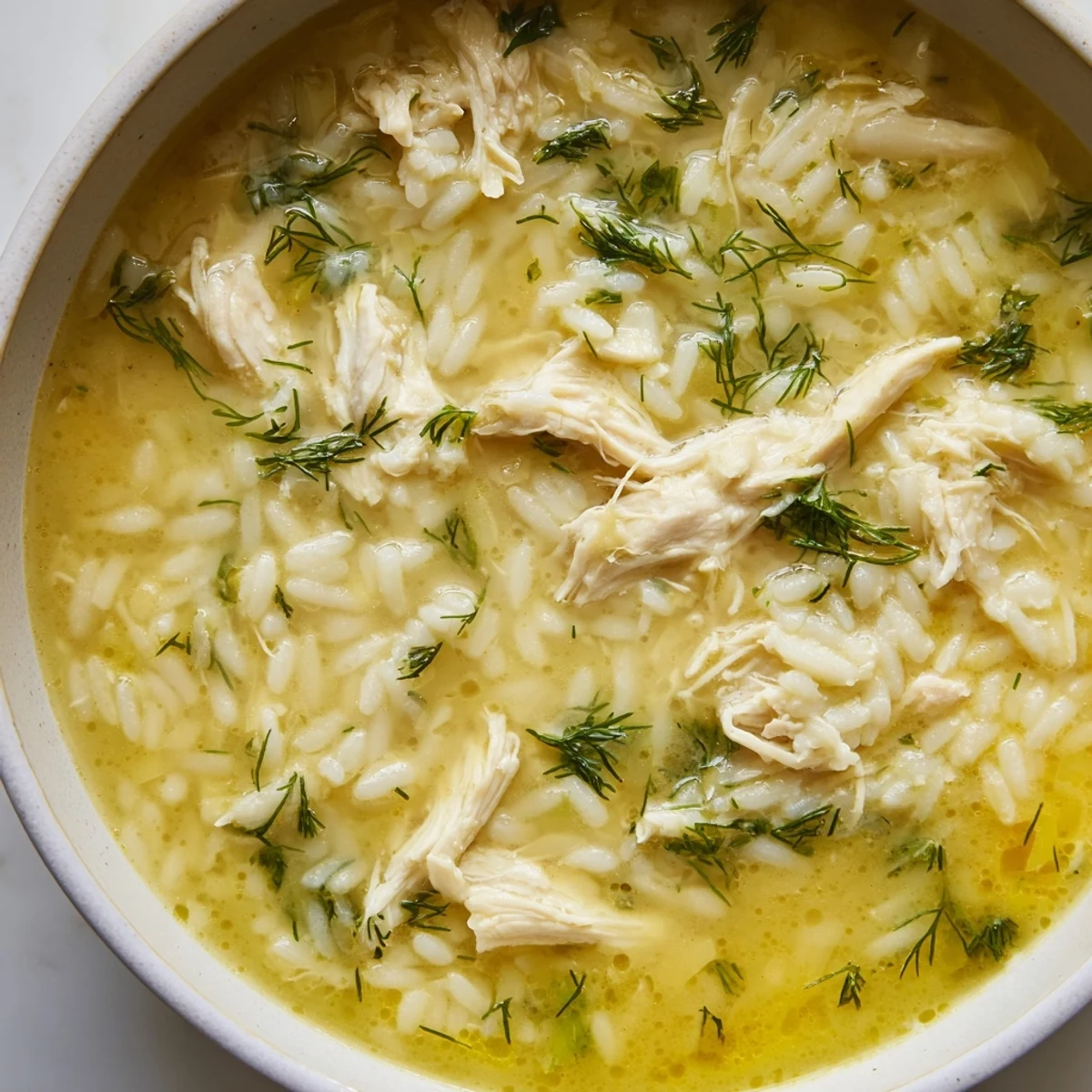 Creamy avgolemono Greek lemon chicken soup garnished with fresh dill in a white bowl