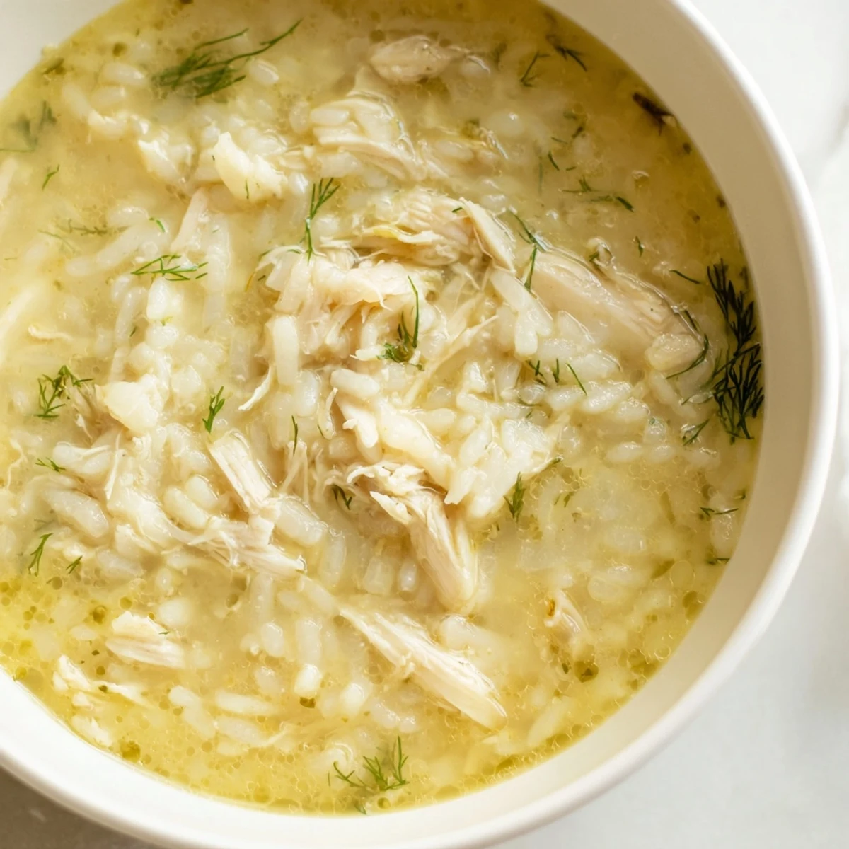 Golden avgolemono Greek lemon chicken soup with shredded chicken and fluffy rice swimming in silky broth