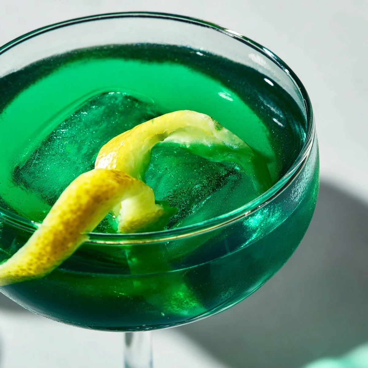 Luck of the Irish cocktail featuring Irish whiskey blend, citrus notes, and elegant lemon twist on ice.