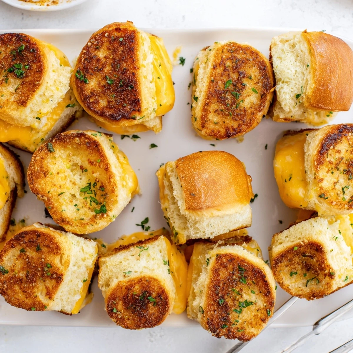 Golden mini grilled cheese Hawaiian rolls with melted cheddar on a rustic wooden board