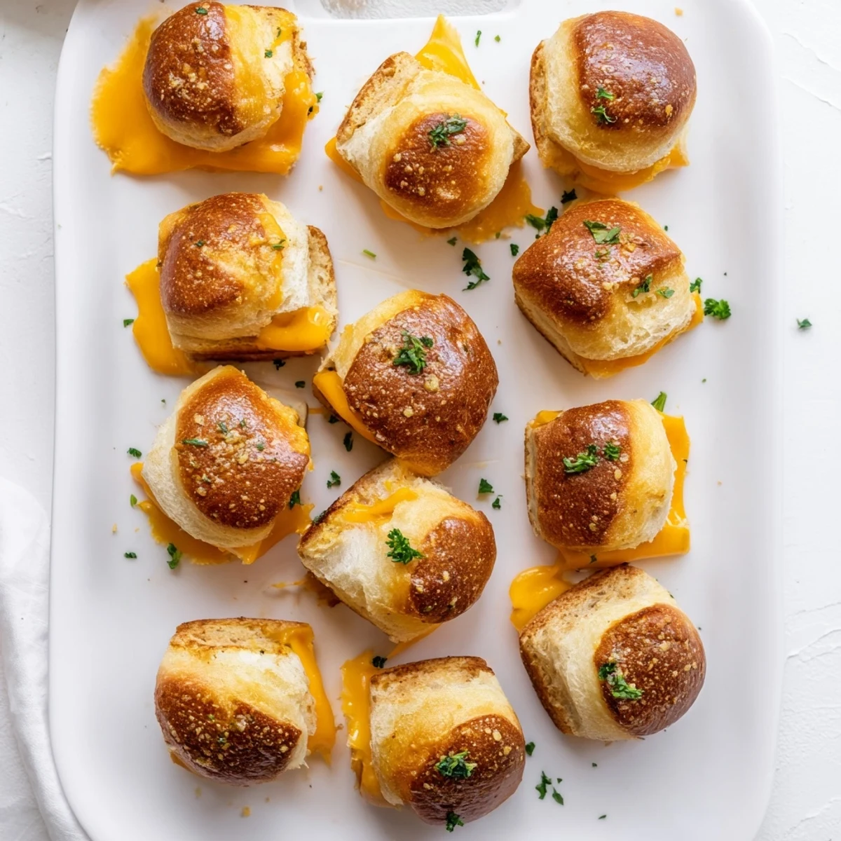 Soft sweet Hawaiian roll sliders stuffed with gooey cheese and buttery garlic topping