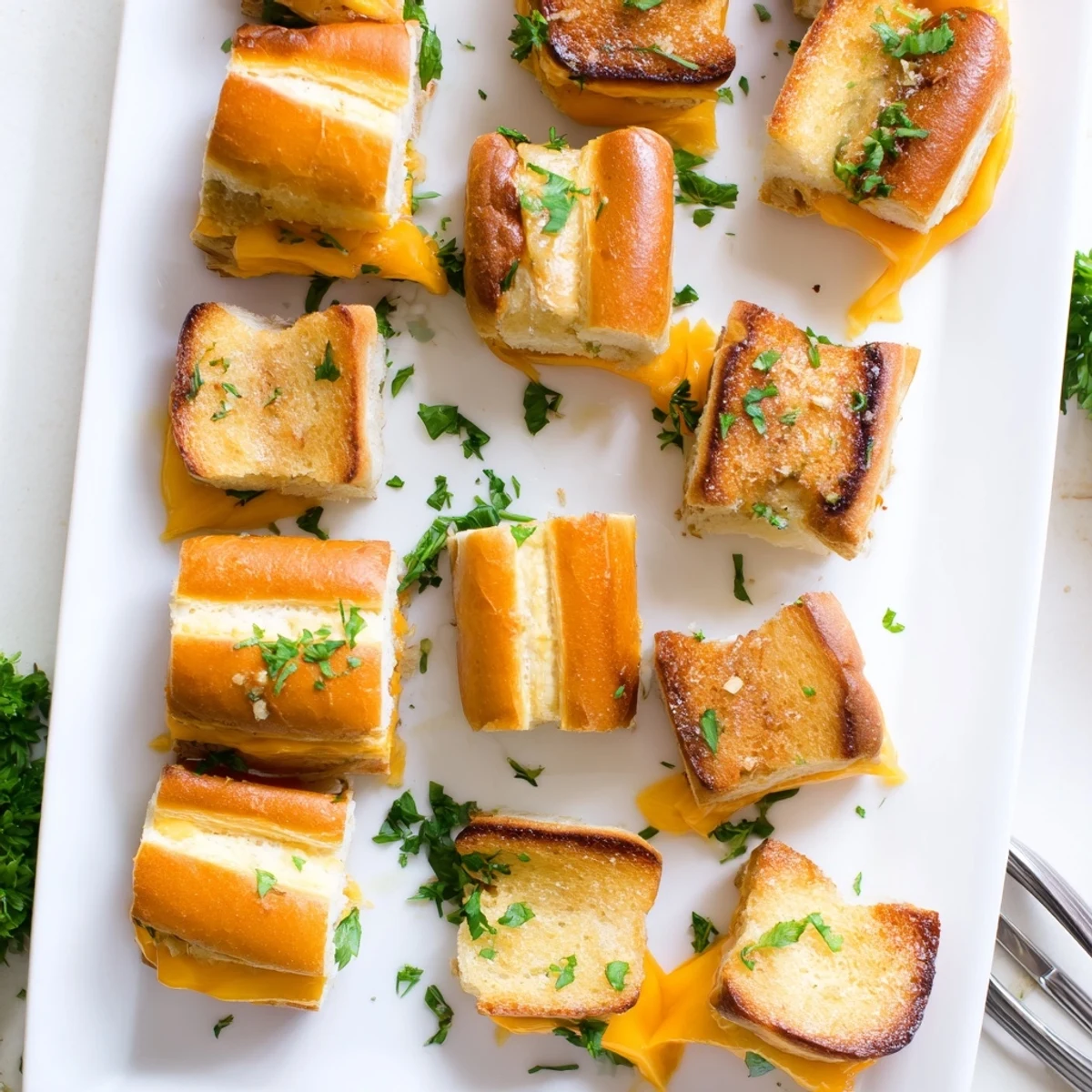 Baked Hawaiian roll grilled cheese sandwiches cut into triangles on a white serving platter