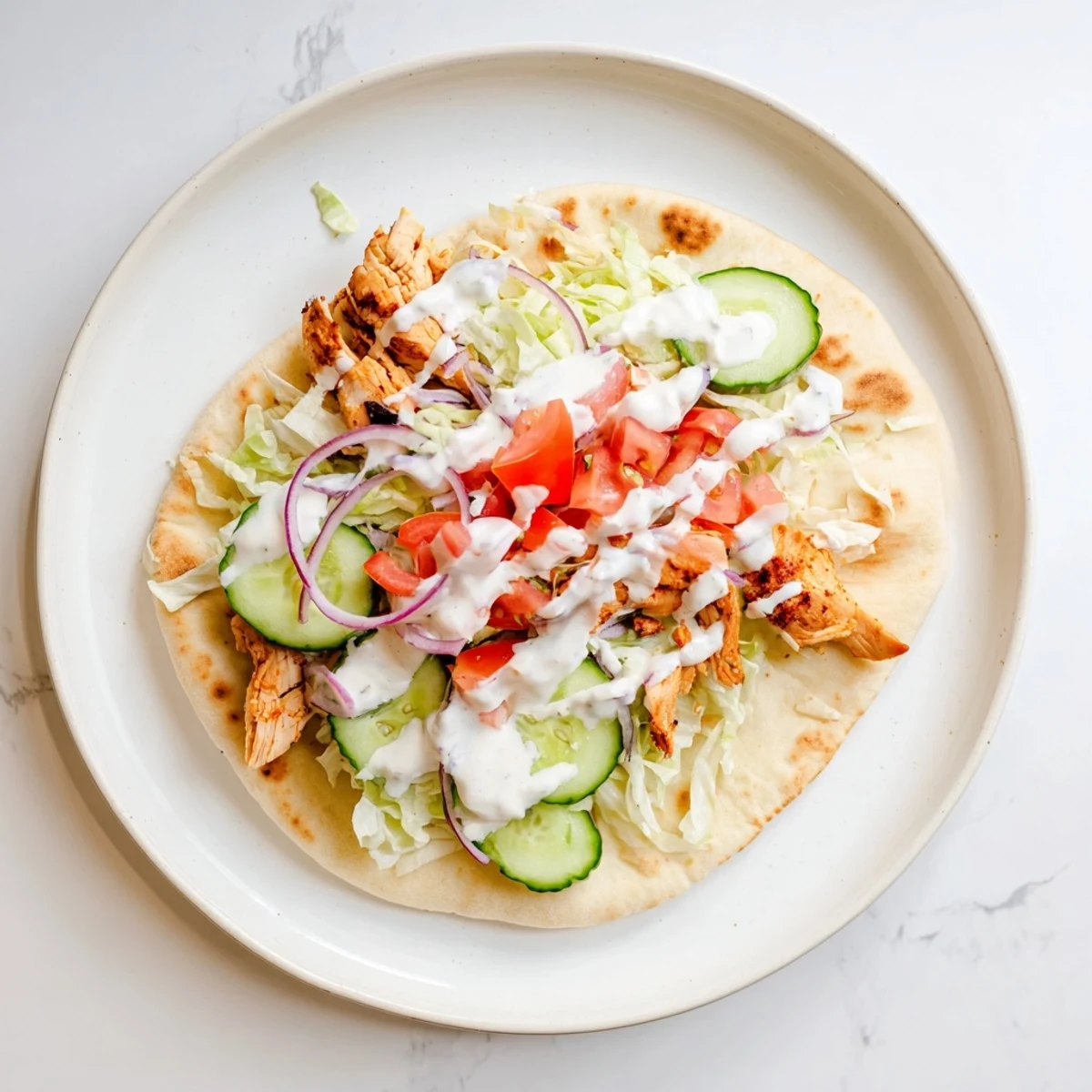 Golden chicken shawarma spiced with warm Middle Eastern spices wrapped in warm pita bread