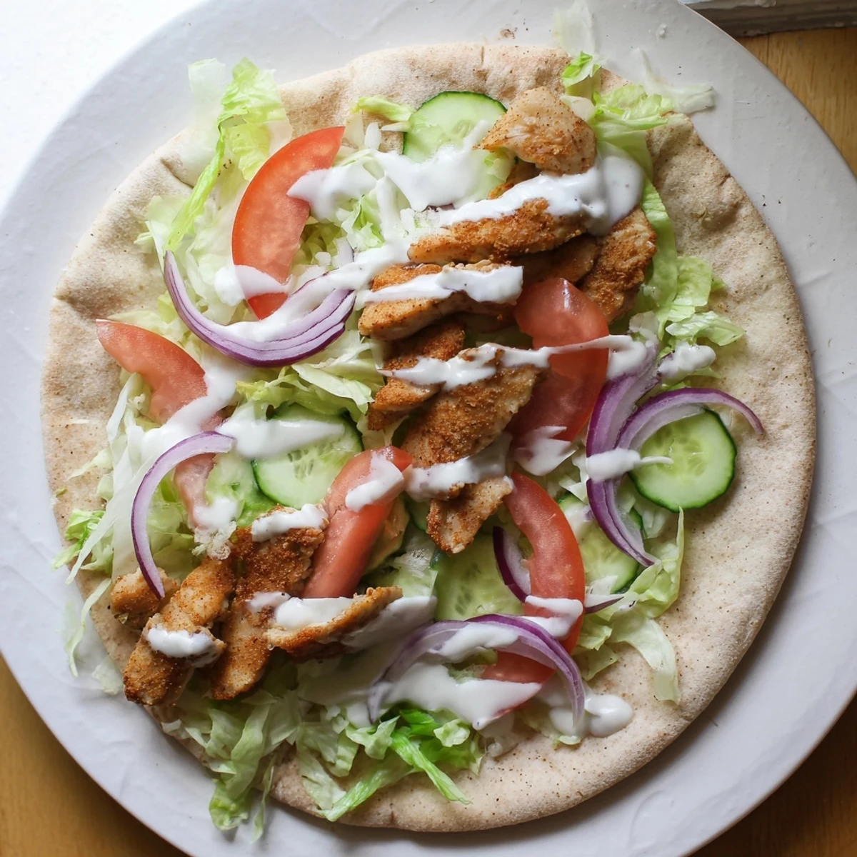 Juicy sliced chicken shawarma piled high with crisp vegetables and creamy garlic white sauce