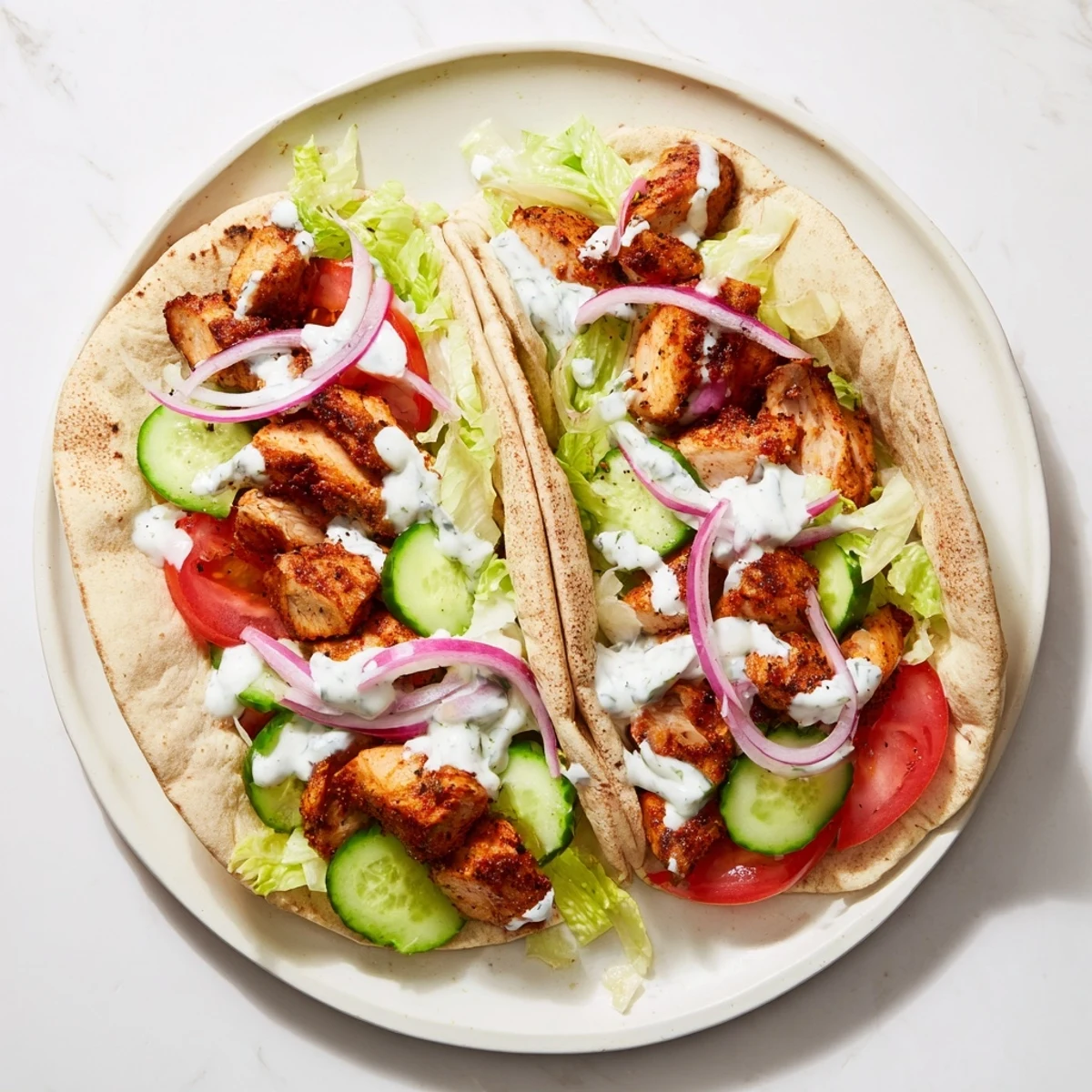 Spiced roasted chicken shawarma in a fluffy pita topped with fresh lettuce tomatoes and tangy sauce