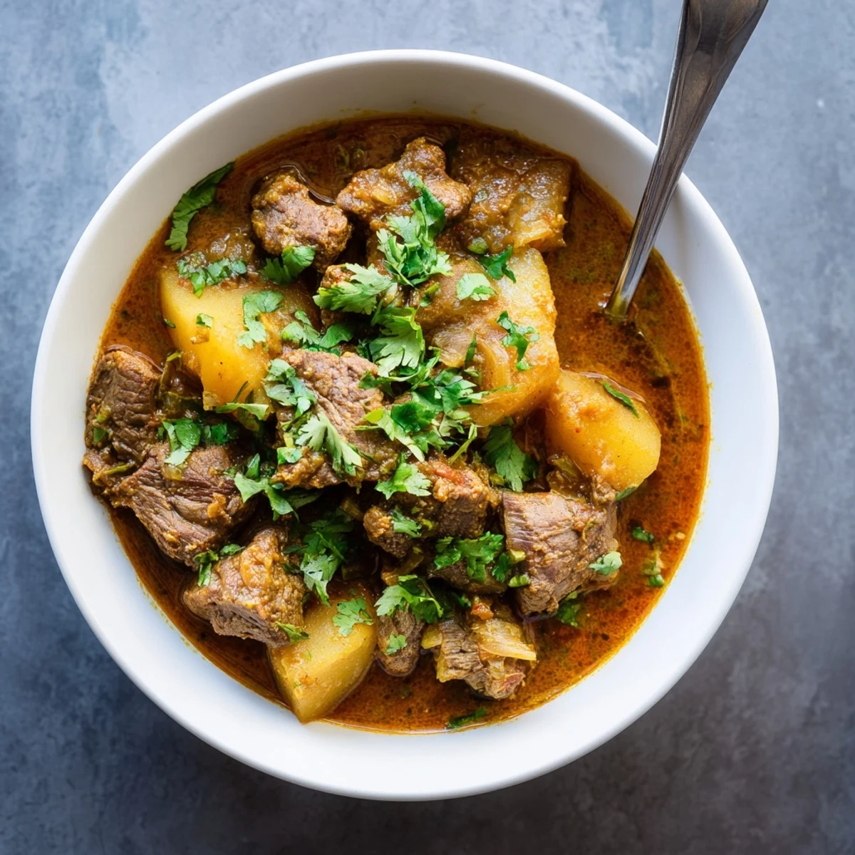 Tender slow cooker Indian beef curry with rich aromatic sauce served over fluffy white rice