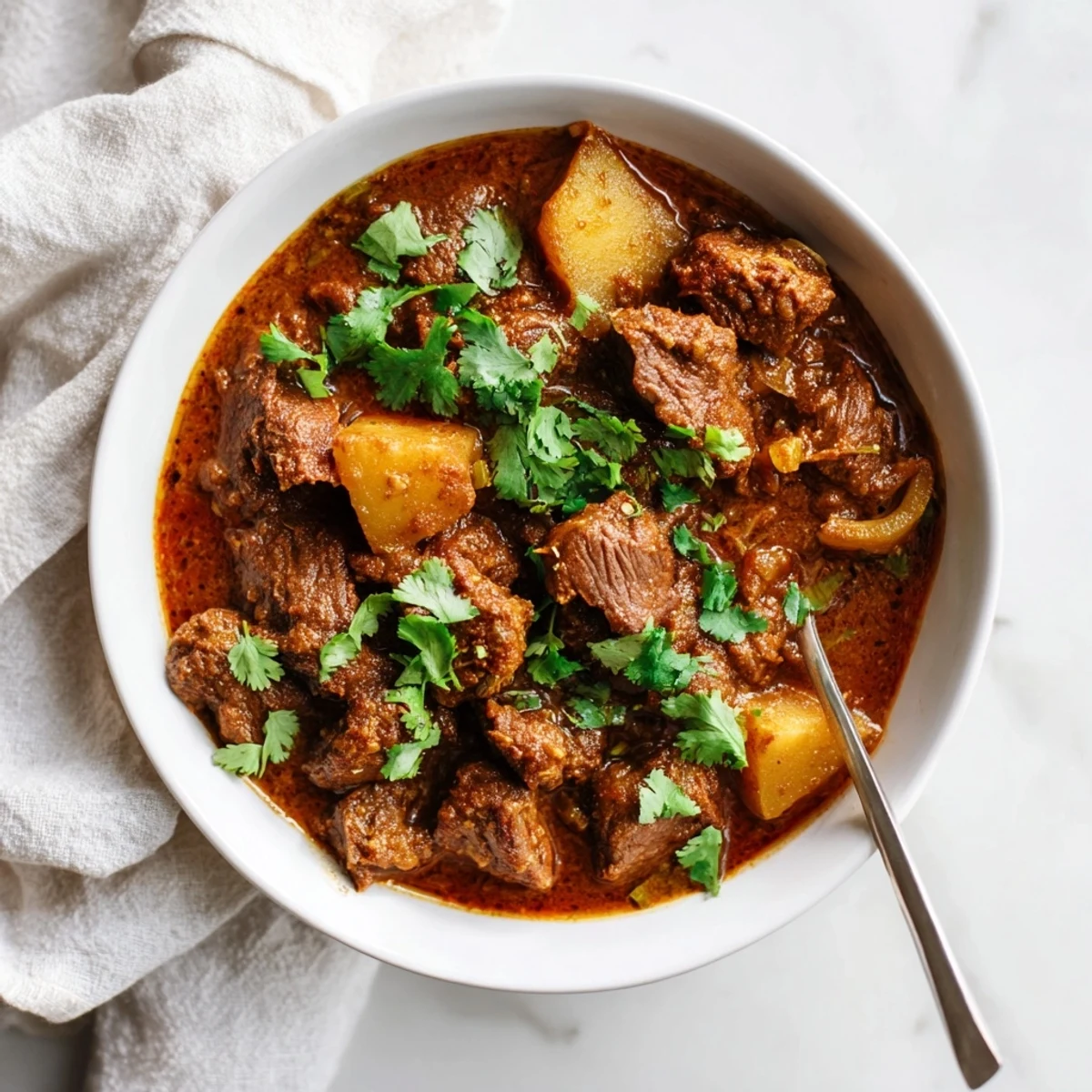 Hearty slow cooker Indian beef curry featuring tender beef chunks in spiced coconut tomato gravy