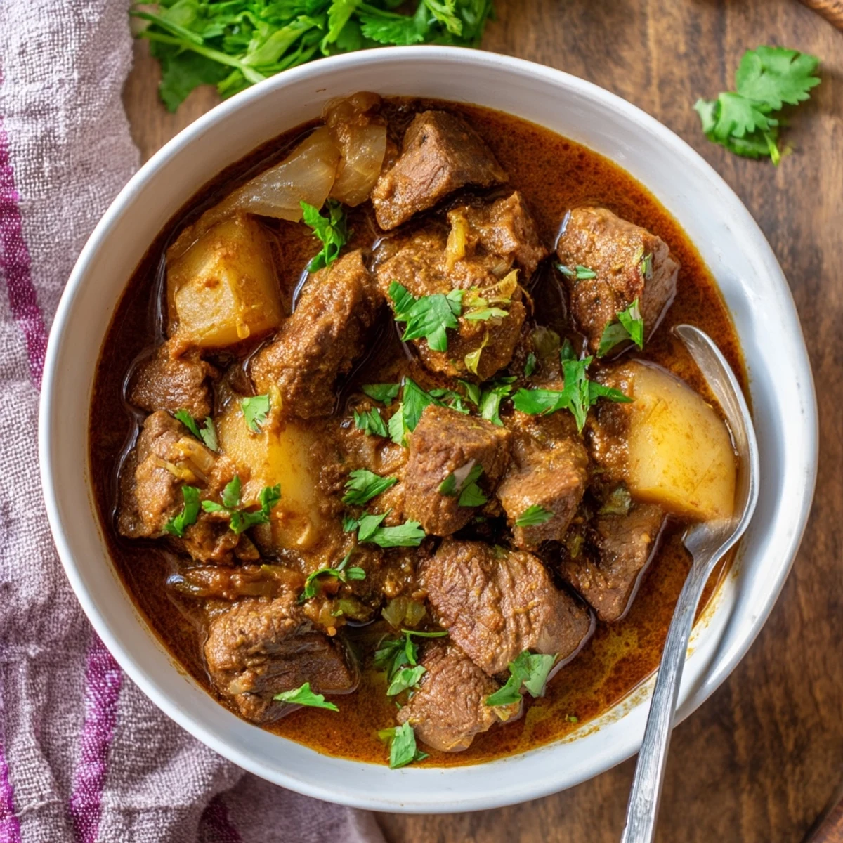 Bowl of slow cooker Indian beef curry garnished with fresh cilantro and steaming naan bread
