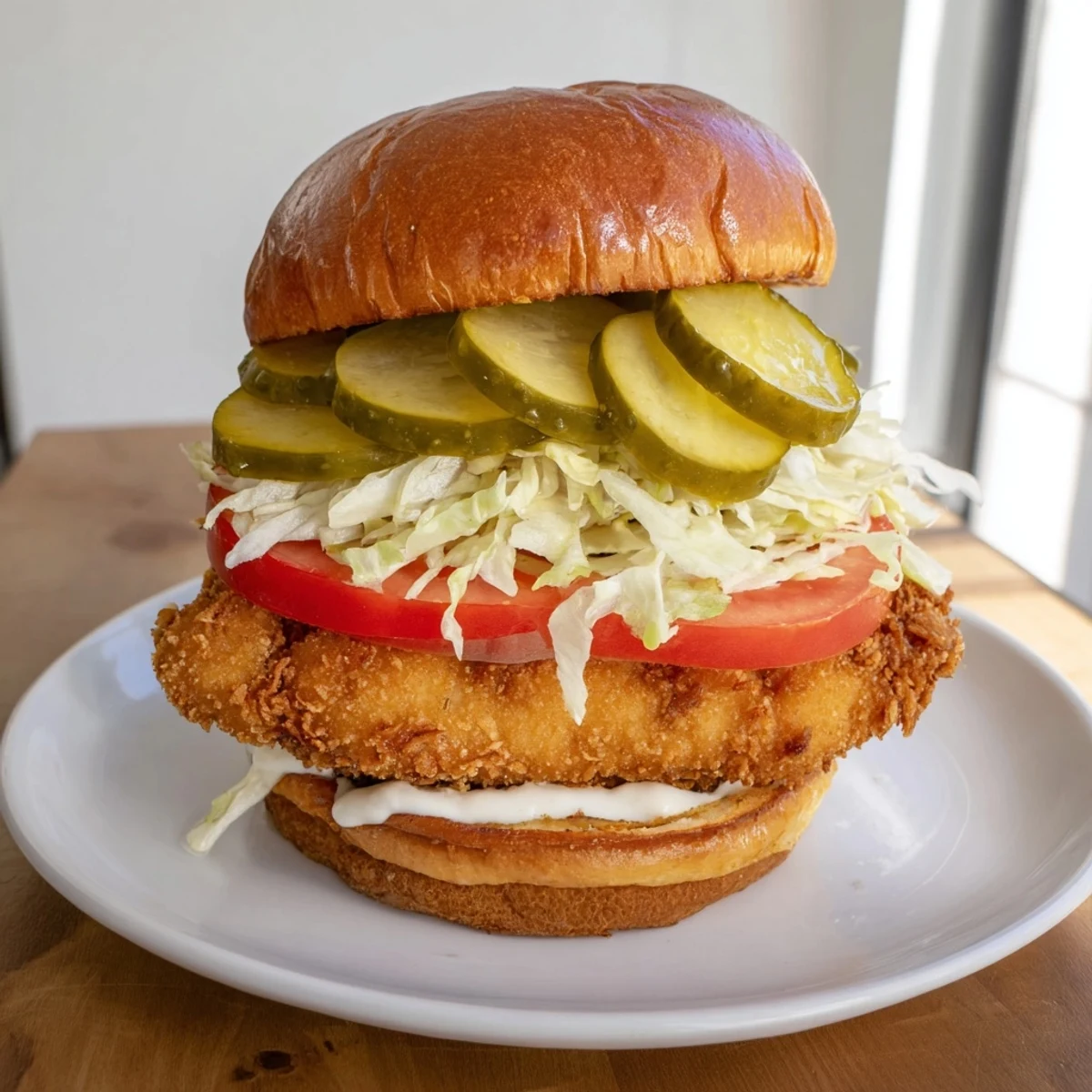 Golden crispy spicy chicken sandwich stacked with fresh lettuce tomatoes pickles on toasted brioche bun