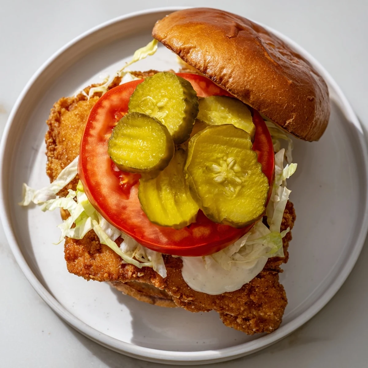 Spicy chicken sandwich with crunchy fried breast topped with tangy homemade creamy sauce and crisp vegetables