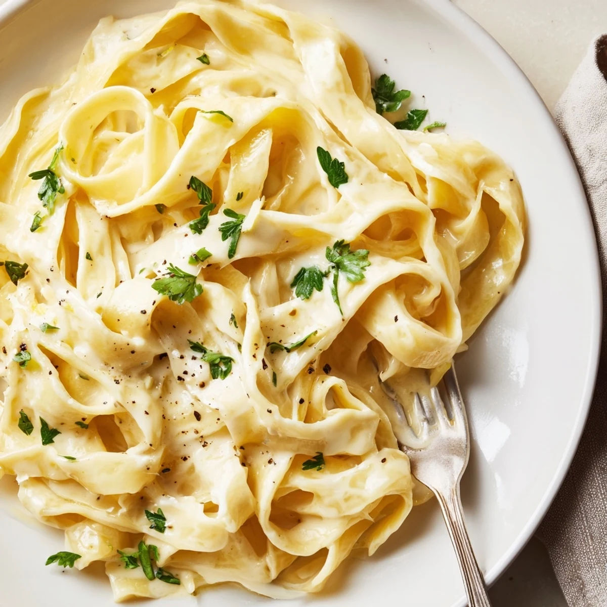 Golden fettuccine noodles tossed in rich white cheese sauce garnished with fresh parsley