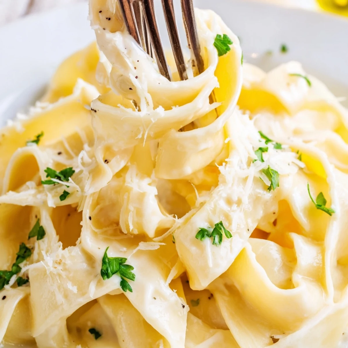Creamy fettuccine Alfredo with silky Parmesan butter sauce coating tender pasta ribbons