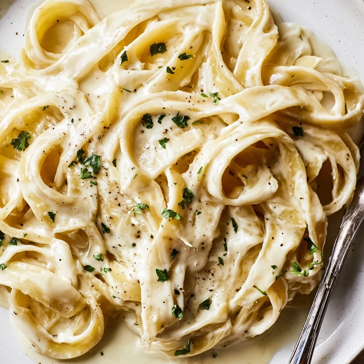 Classic Italian Alfredo pasta dish featuring smooth cream sauce over perfectly cooked fettuccine