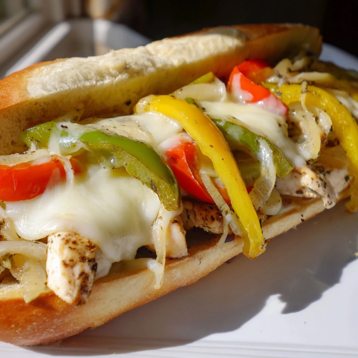 Golden hoagie roll piled high with seasoned chicken, sautéed peppers and onions, and melted provolone cheese