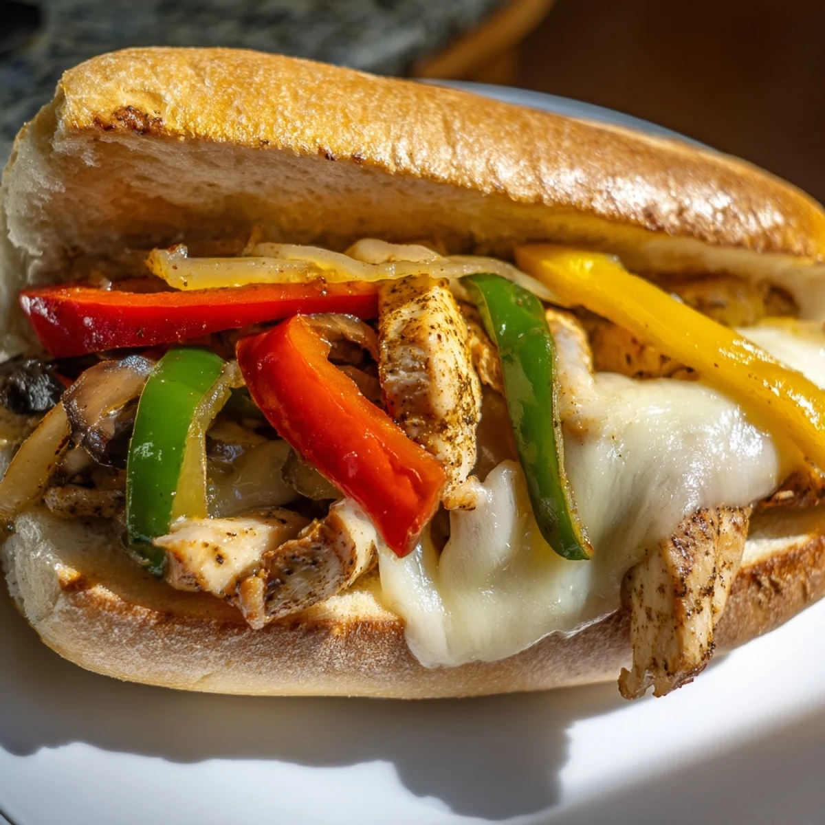 Toasted chicken cheese steak sandwich overflowing with juicy sliced chicken breast and colorful caramelized vegetables
