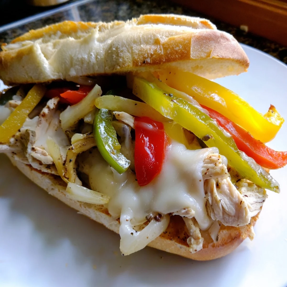Ultimate chicken cheese steak sandwich featuring gooey provolone melted over seasoned chicken and sautéed bell peppers