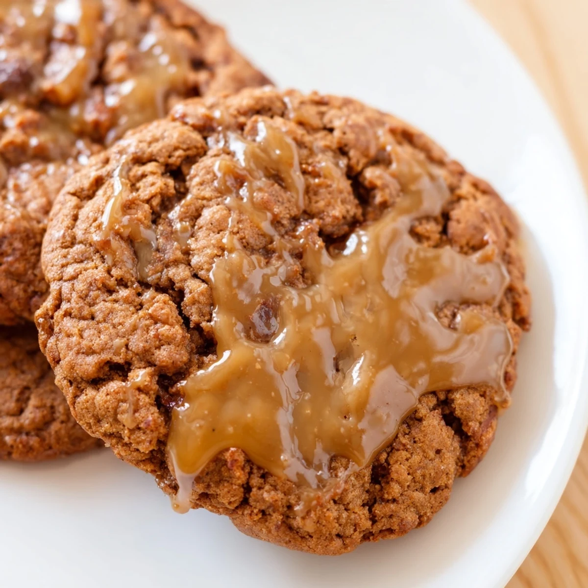 Golden brown sticky toffee pudding cookies drizzled with warm caramel glaze on a white plate